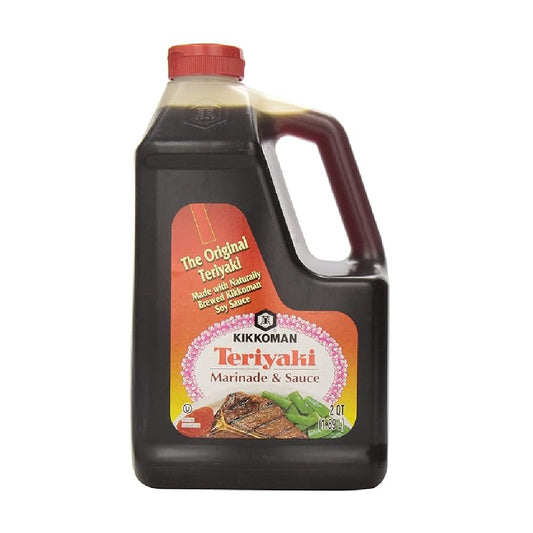 Kikkoman Teriyaki marinade & sauce bottle with red cap on a white background