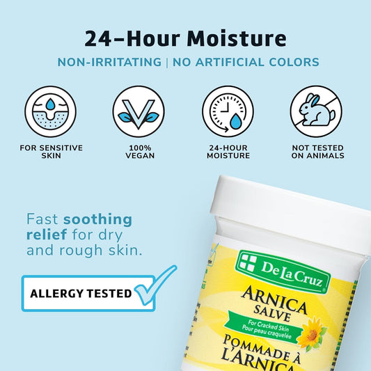 De La Cruz Arnica Salve - Foot Cream for Dry Cracked Heels and Feet - Moisturizing Hand Salve for Dried Hands - 24 Hour Moisture Foot Cream for Dry Cracked Feet and Rough Skin - (2 Ounces)